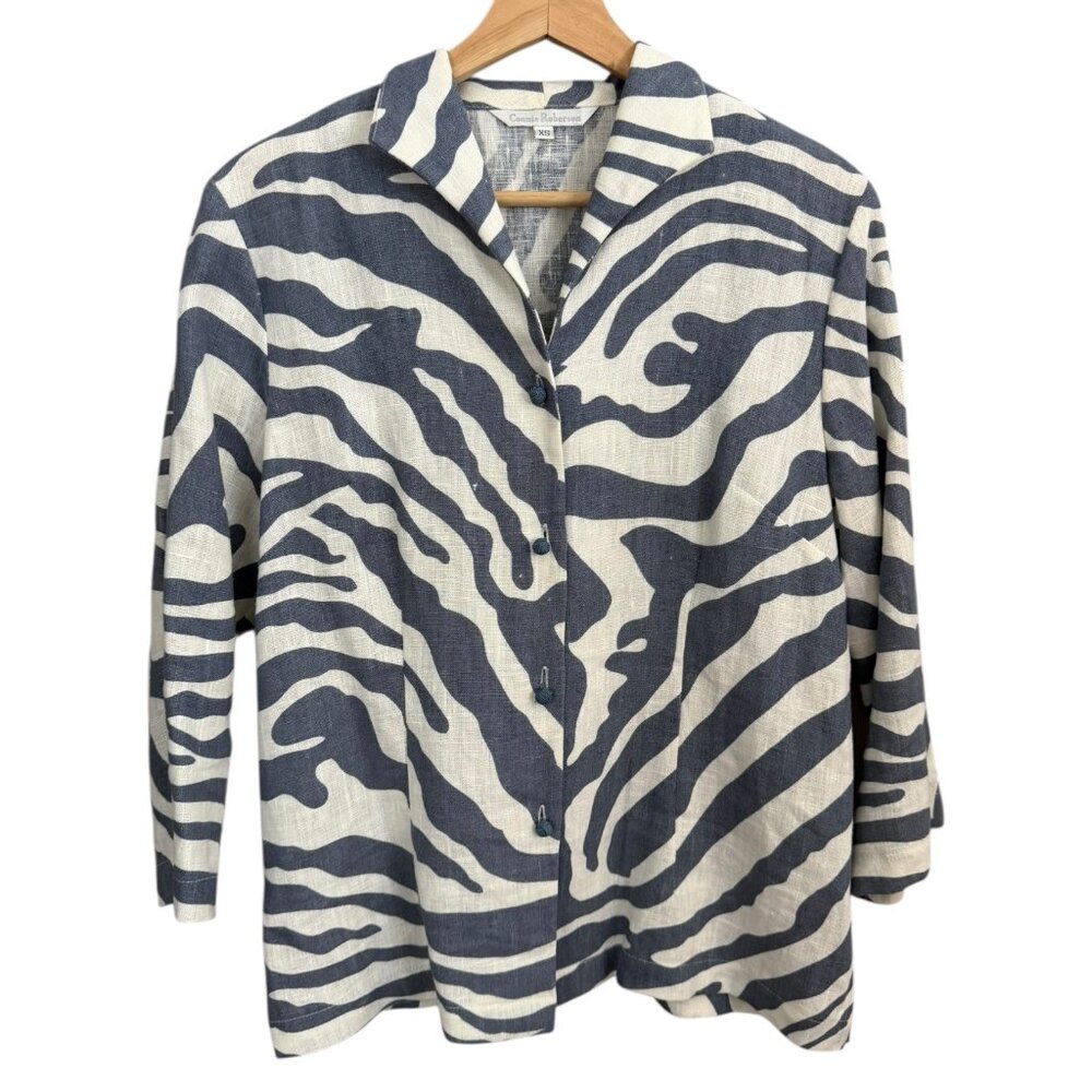 Connie‎ Roberson Womens Animal Print Linen Blazer Blue XS Artsy